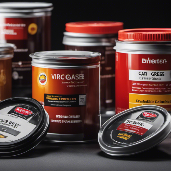 An image showcasing a range of car grease containers with distinct labels, each displaying intricate specifications such as viscosity, temperature range, and compatibility, capturing the complexity of decoding car grease specifications
