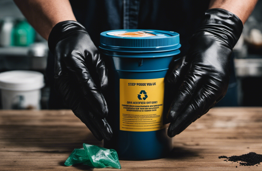 An image of a pair of gloved hands holding a sealed container filled with used car grease, a clearly labeled recycling bin nearby, and a set of step-by-step illustrations showcasing the proper disposal process
